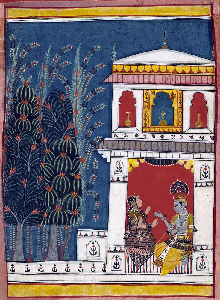 Krishna and a lady in a pavilion van Indian School
