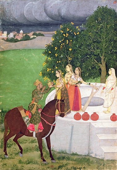 A Prince begging water from women at a well, Mughal, c.1720 van Indian School