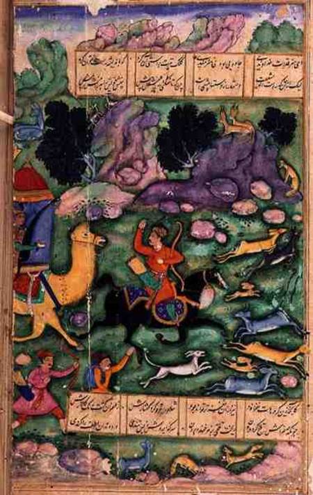 Bahram Gur Showing his Prowess While Hunting with Azad, folio 107a, from 'The Eight Paradises', writ van Indian School