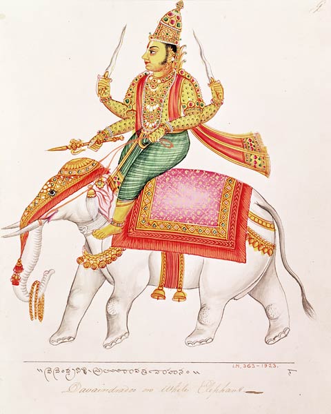 Indra, God of Storms, riding on an elephant, 1820-25 van Indian School