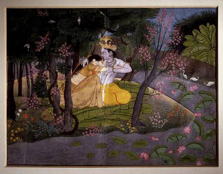 Krishna and Radha embracing in a grove, Kangra, Himachal Pradesh, Pahari School van Indian School