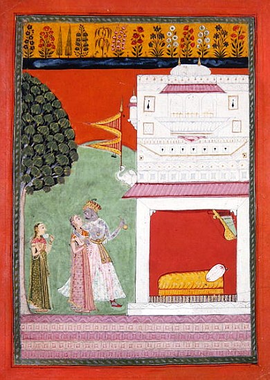 Lovers approaching a bed chamber, Malwa, c.1680 van Indian School