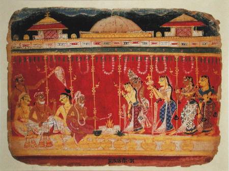 The Marriage of Krishna's Parents, from a dispersed manuscript of the 'Bhagavata Purana' from Mewar, van Indian School