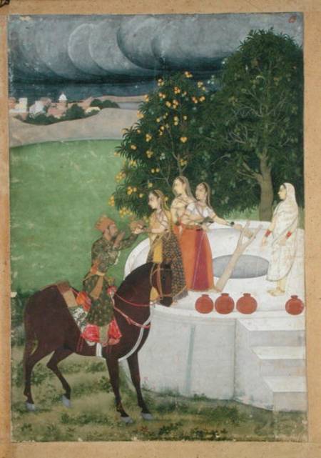 A mounted Prince receiving water from ladies at a well, miniature from Murshidabad van Indian School