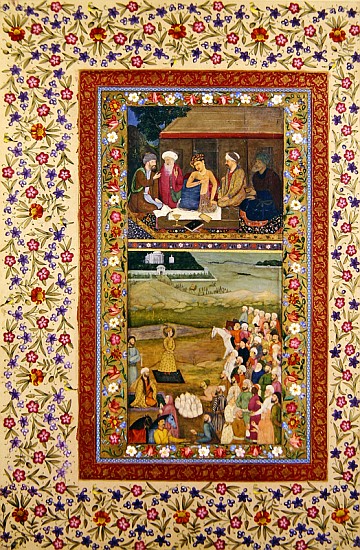 Ms E-14 Young man with his teachers and Payment of tribute to a ruler, miniatures from a Muraqqa alb van Indian School