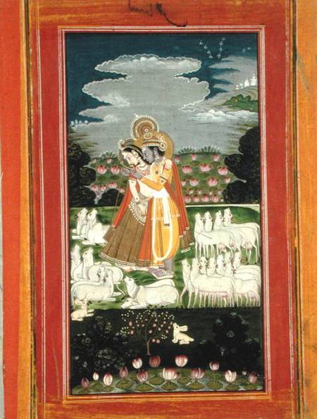 Radha and Krishna embrace in an idealised landscape with cows van Indian School