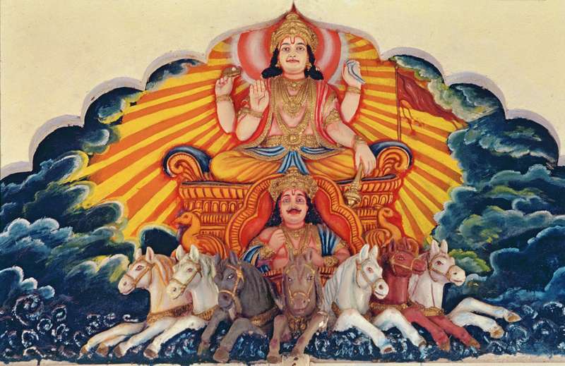 Surya Narayan, the Sun God (painted relief)  van Indian School