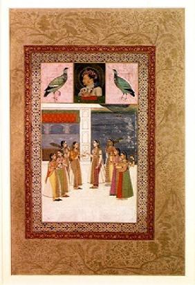 Ms E-14 Portrait of Djahangir (1569-1627) two birds and noble women in conversation