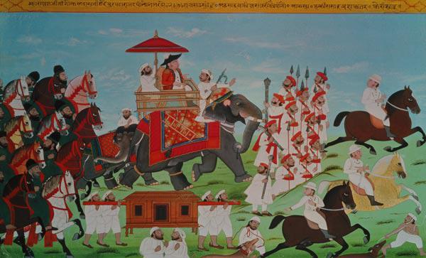 Colonel James Todd travelling by elephant through Rajasthan with his Cavalry and Sepoys