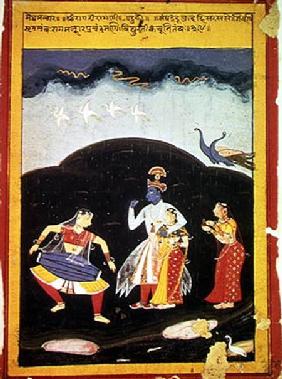 Krishna and Radha in the rain with two musicians, Rajasthan