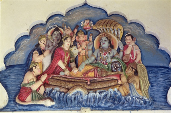 Vishnu Narayana, floating on Sheshanaga (painted relief)  van Indian School