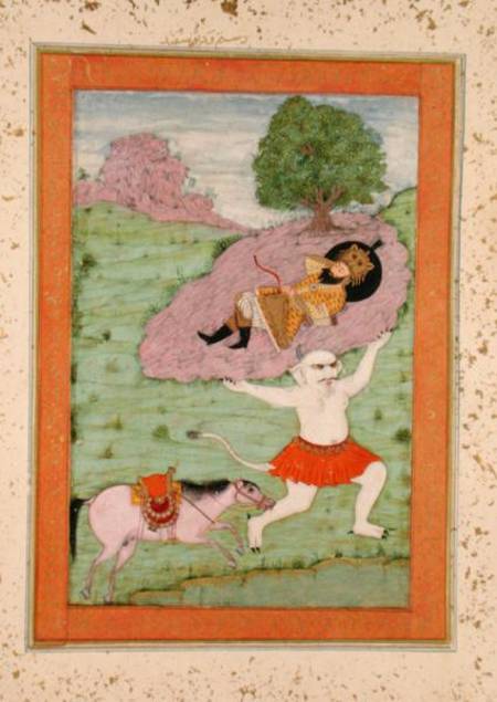The White Demon carrying off the sleeping Rustam, illustration from the 'Shahnama' (Book of Kings), van Indian School