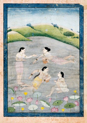 The Wives Of Raga Hindola Swimming In A Lake With The Aid Of Pitchers, The Foreground With Waterlili van Indian School