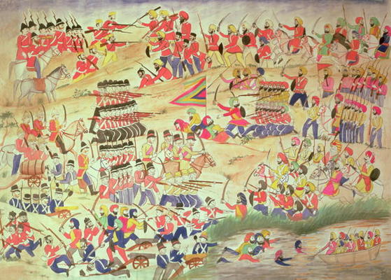 An Incident during the Sikh Wars, (w/c on paper) van Indian School, (19th century)
