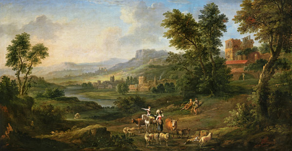 Drovers and Shepherdesses in an Idyllic Pastoral Landscape van Isaac de Moucheron