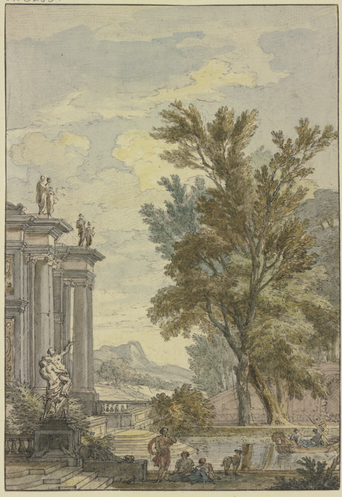 Parkansicht, links ein Gebäude mit Säulen und Statuen, davor ein Bassin, auf welchem eine Gondel fäh van Isaac de Moucheron