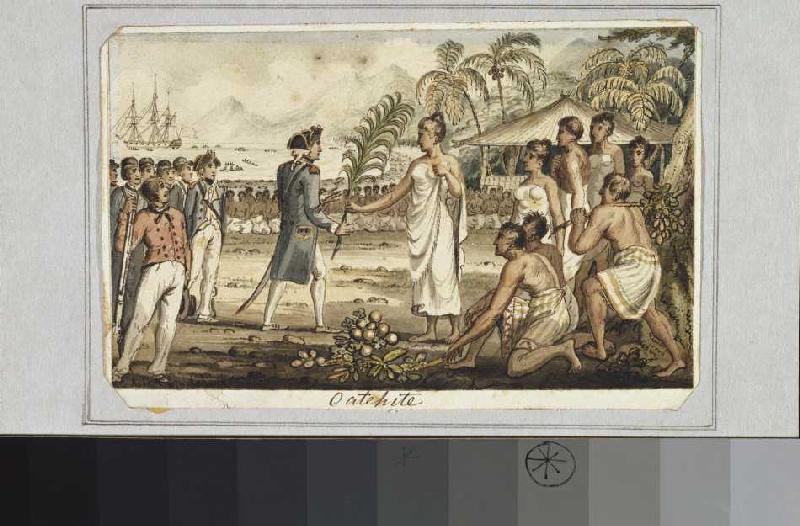'Oatehite'. Aus: Die Reisen des Captain Cook. van Isaac Robert Cruikshank