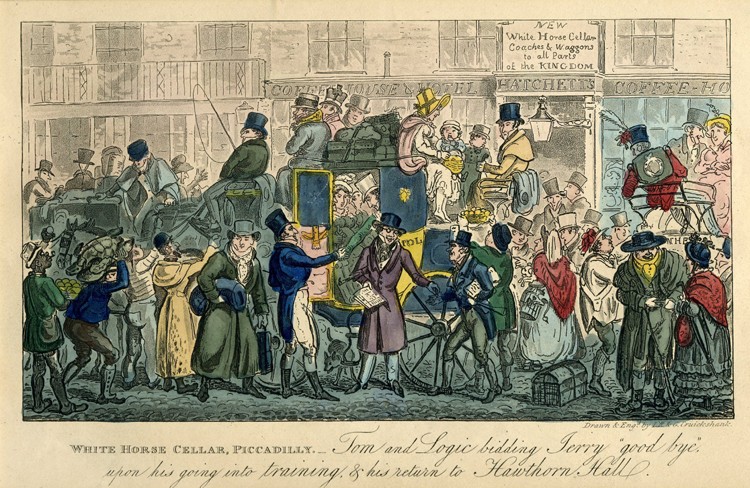 White Horse Cellar, Piccadilly (From: "36 scenes from real life") van Isaac Robert Cruikshank