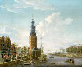 Gezicht op Amsterdam met de Montelbaanstoren op de Oude Schans