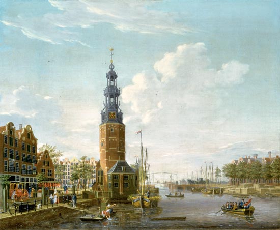 Gezicht op Amsterdam met de Montelbaanstoren op de Oude Schans van Isaak Ouwater