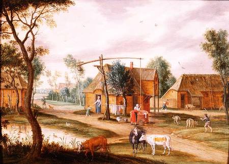 A village landscape with a woman drawing water from a well (panel) van Isaak van Oosten
