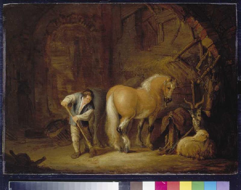 Stallansicht mit Knecht, Pferd, Schaf und Ziegenbock van Isack van Ostade