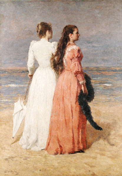 Elegant gekleidete Damen am Strand van Isidor Verheyden