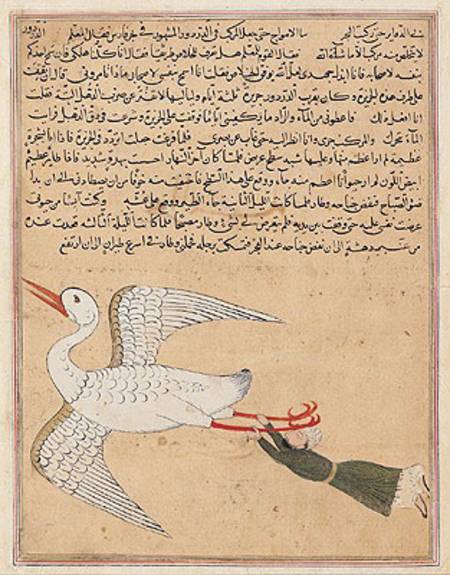 Ms E-7 fol.72a Merchant from Isfahan Flying, from 'The Wonders of the Creation and the Curiosities o van Islamic School