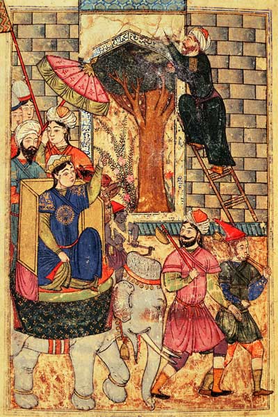 Fol.110 The Sultana leaving the palace, from ''The Book of Kalilah and Dimnah'' (ink and opaque w/c  van Islamic School