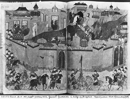 Ms Suppl Persan 1113 f.180-181 Mongols under the leadership of Hulagu Khan storming and capturing Ba van Islamic School