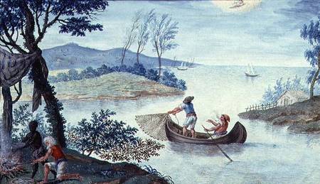 Fishing scene depicting the month of July, one of a series of twelve van Scuola pittorica italiana
