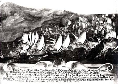 General Francisco Morosini (1618-94) and the Venetian Fleet in an Encounter with the Turkish Fleet o van Scuola pittorica italiana