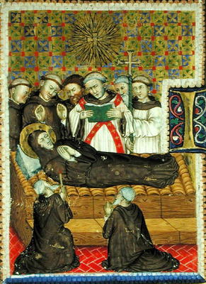 Historiated initial 'B' depicting a Franciscan saint on his death bed (vellum) van Scuola pittorica italiana
