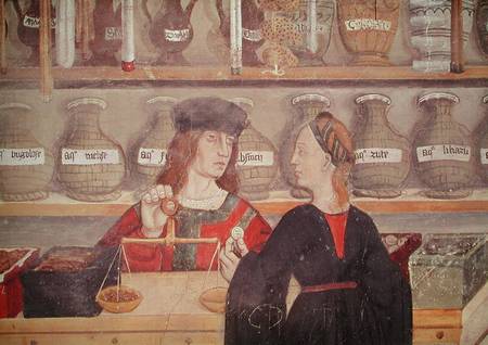 Interior of a Pharmacy, detail of the shopkeeper weighing produce van Scuola pittorica italiana