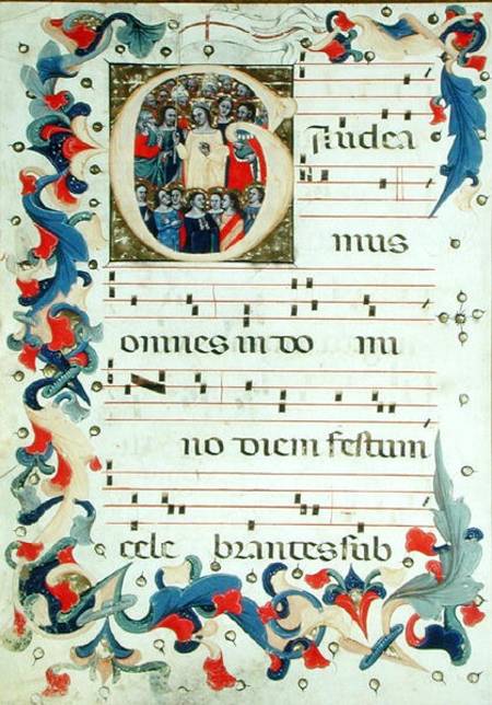 Page of musical notation with a historiated initial 'G' depicting a group of saints with St. Ursula van Scuola pittorica italiana
