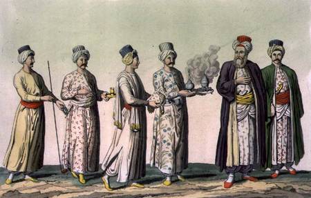 Servants carrying a pipe, a vase of sweets, coffee, a brazier and a jug of rosewater, plate 57 from van Scuola pittorica italiana