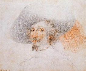 Head of man wearing a large plumed hat