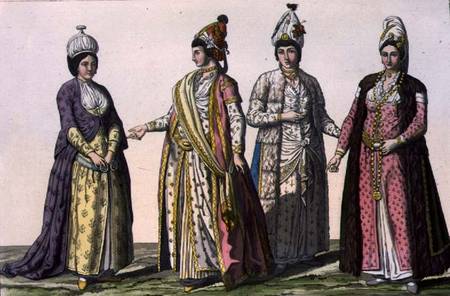 Three women in (LtoR) winter, spring and summer fashions and one in fashion for pregnancy, plate 59 van Scuola pittorica italiana