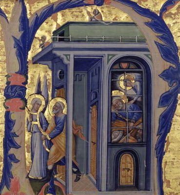 Historiated initial 'N' depicting the Liberation of St. Peter (vellum) van Italian School, (14th century)