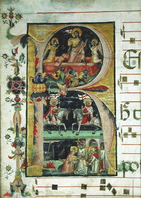 Historiated initial 'R' depicting the resurrection, two knight saints and a bishop saint receiving r van Italian School, (14th century)
