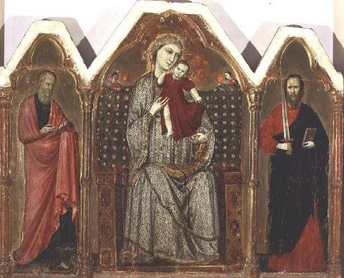 Madonna and Child Enthroned, with SS. John the Evangelist and Paul, Riminese School (triptych panel) van Italian School, (14th century)