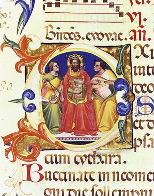 Ms. 559 f.155v Historiated initial 'O' depicting King David and two angels, from the Psalter of Sant van Italian School, (14th century)
