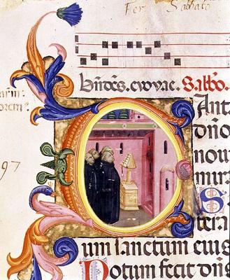 Ms 559 f.176f Historiated initial 'C' depicting monks looking at a text, from the Psalter of Santa M van Italian School, (14th century)