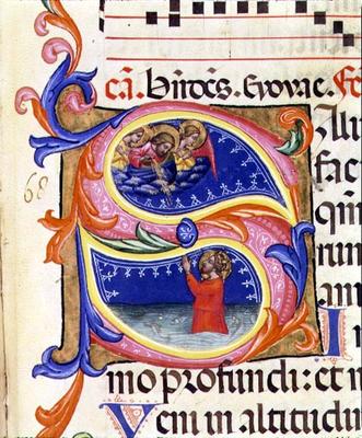 P 68 V Historiated initial 'S' depicting a male saint in water praying to angels above, Italian, 14t van Italian School, (14th century)