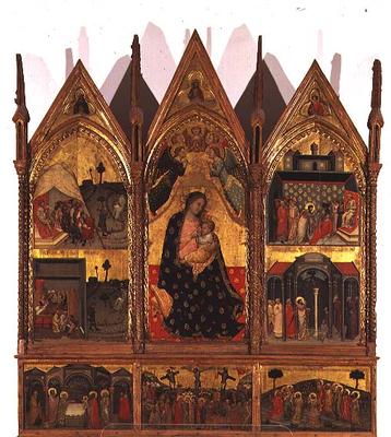 Triptych: Madonna and Child Enthroned flanked by scenes from the life of St. Bartholomew with a pred van Italian School, (14th century)