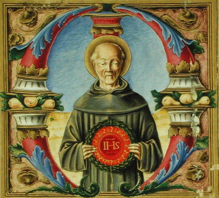 Historiated initial 'M' depicting St. Bernardino of Siena (vellum) van Italian School, (15th century)