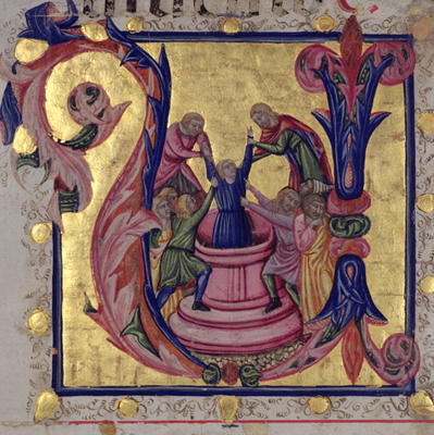 Historiated initial 'U' depicting Joseph being pulled from the well by his brothers, Tuscan School ( van Italian School, (15th century)