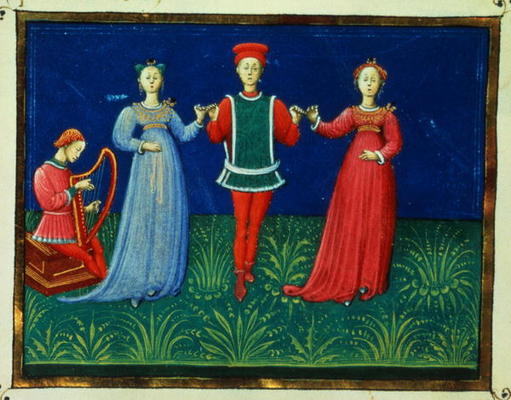 It 973 f.21v A Gentleman dancing with two Ladies, from 'Trattato dell'Arte del Ballare' (vellum) van Italian School, (15th century)