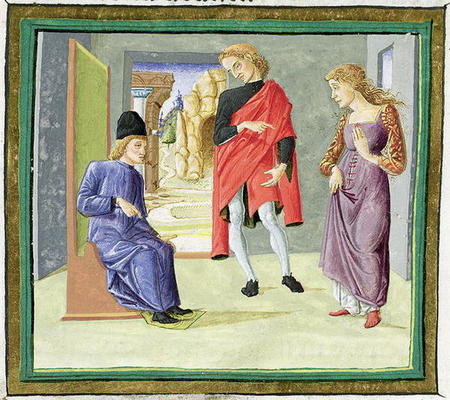 Man and woman before their judge, from 'Decretum Gratiani' (vellum) van Italian School, (15th century)