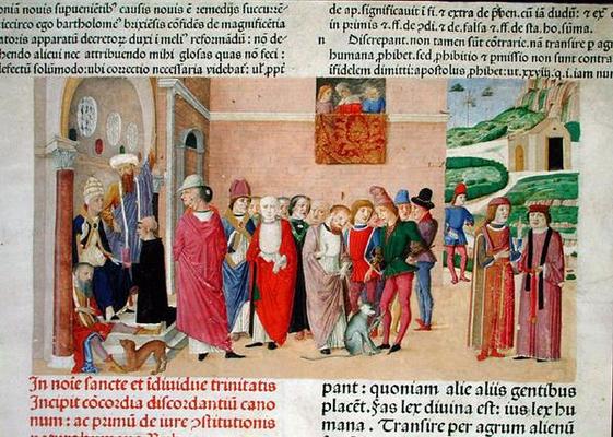 Presentation of the work to the Pope, from 'Decretum Gratiani' (vellum) van Italian School, (15th century)
